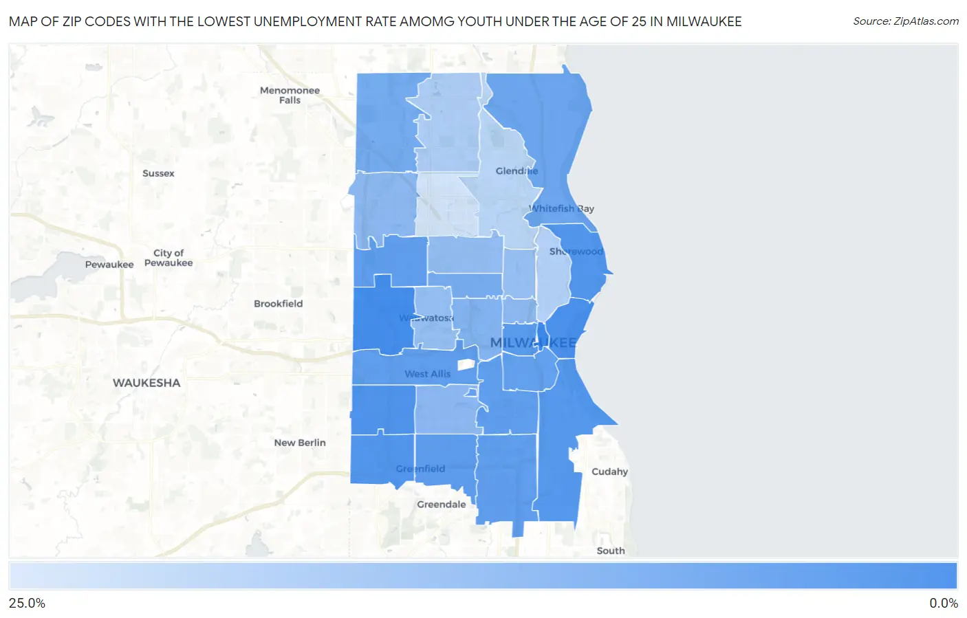 Zip Codes with the Lowest Unemployment Rate Amomg Youth Under the Age of 25 in Milwaukee Map
