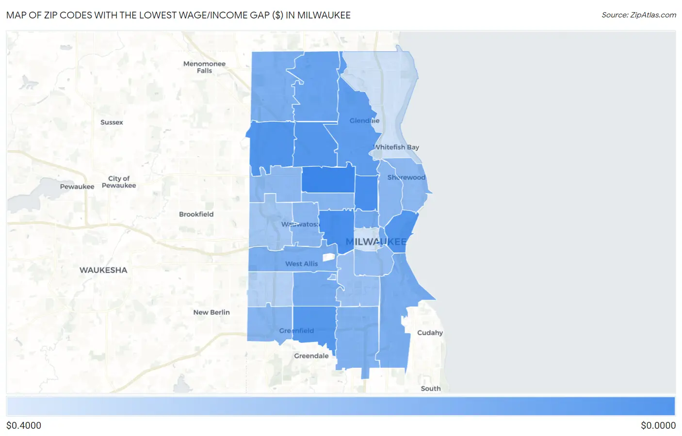 Zip Codes with the Lowest Wage/Income Gap ($) in Milwaukee Map