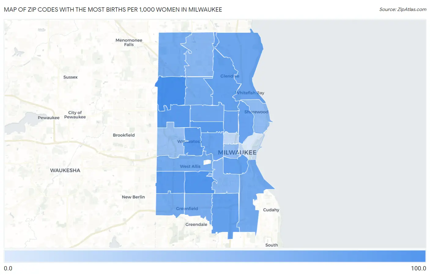 Zip Codes with the Most Births per 1,000 Women in Milwaukee Map