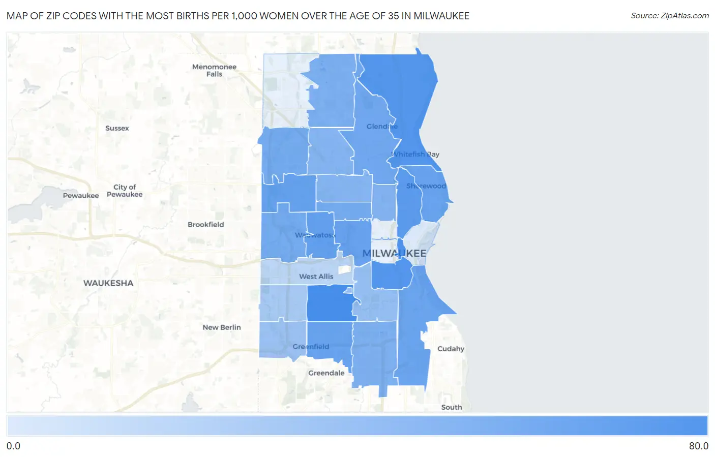 Zip Codes with the Most Births per 1,000 Women Over the Age of 35 in Milwaukee Map