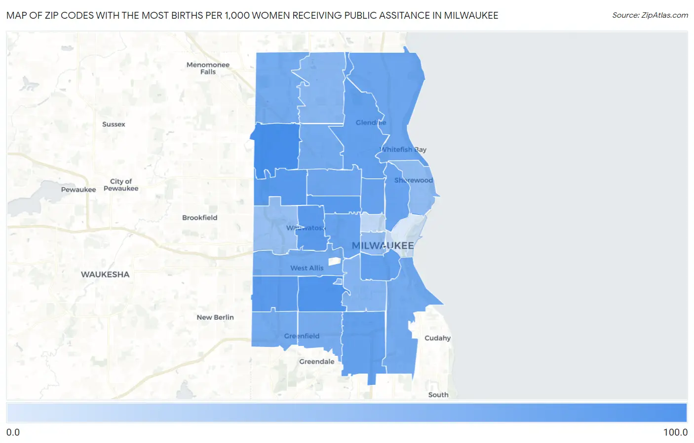 Zip Codes with the Most Births per 1,000 Women Receiving Public Assitance in Milwaukee Map
