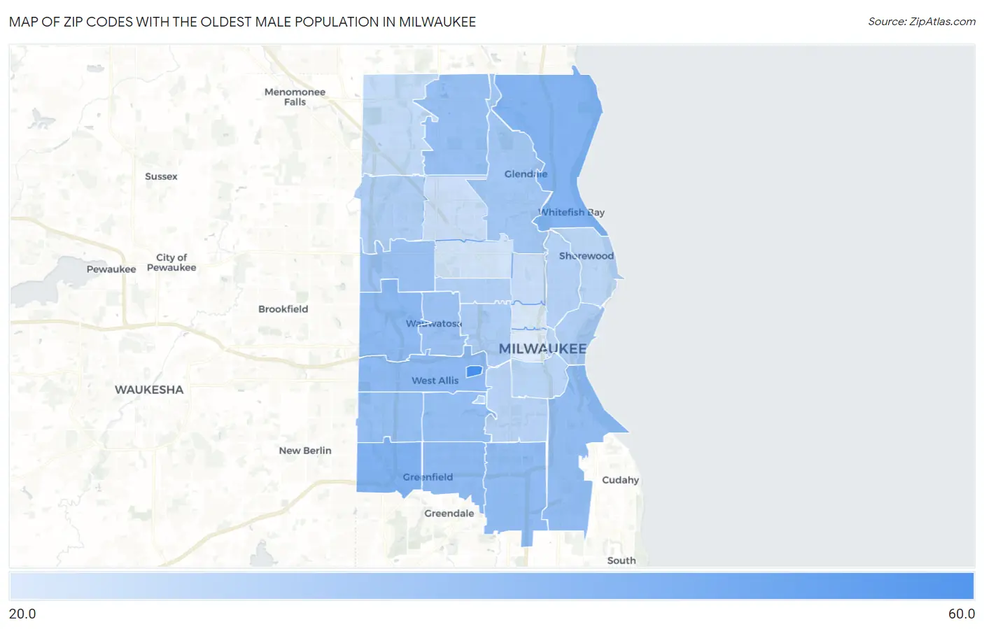 Zip Codes with the Oldest Male Population in Milwaukee Map