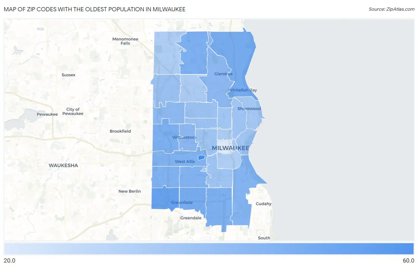 Zip Codes with the Oldest Population in Milwaukee Map