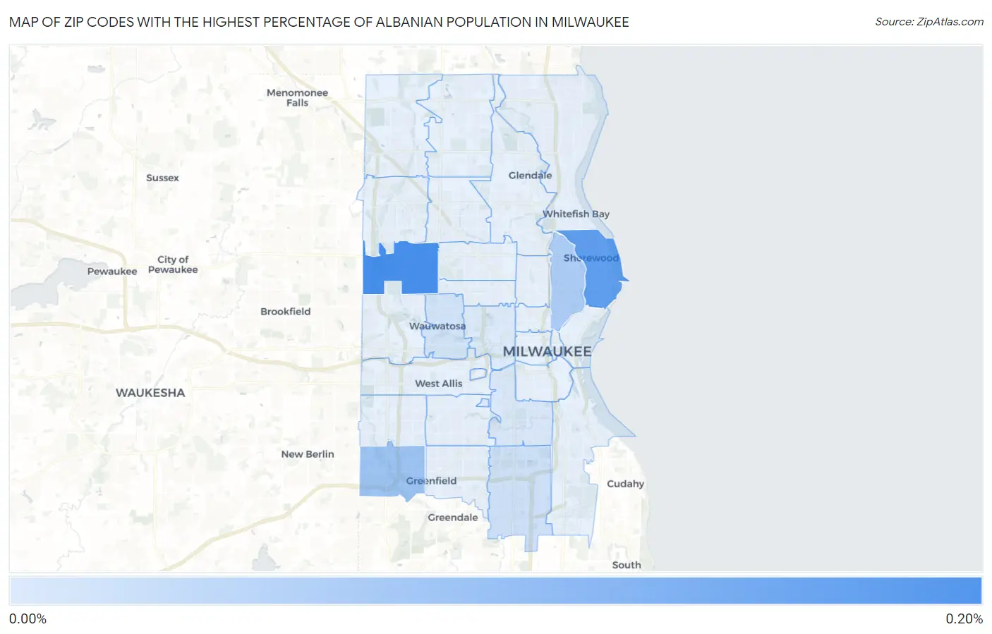 Zip Codes with the Highest Percentage of Albanian Population in Milwaukee Map
