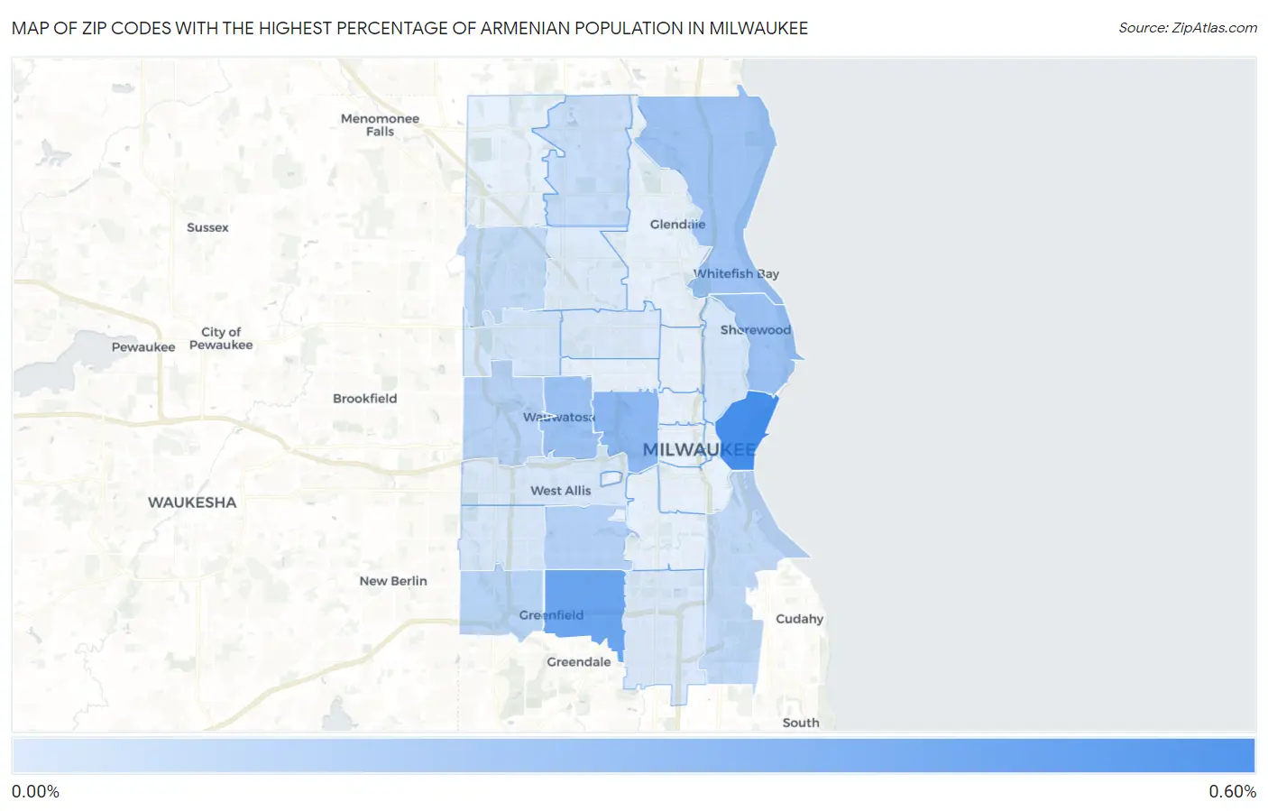 Zip Codes with the Highest Percentage of Armenian Population in Milwaukee Map