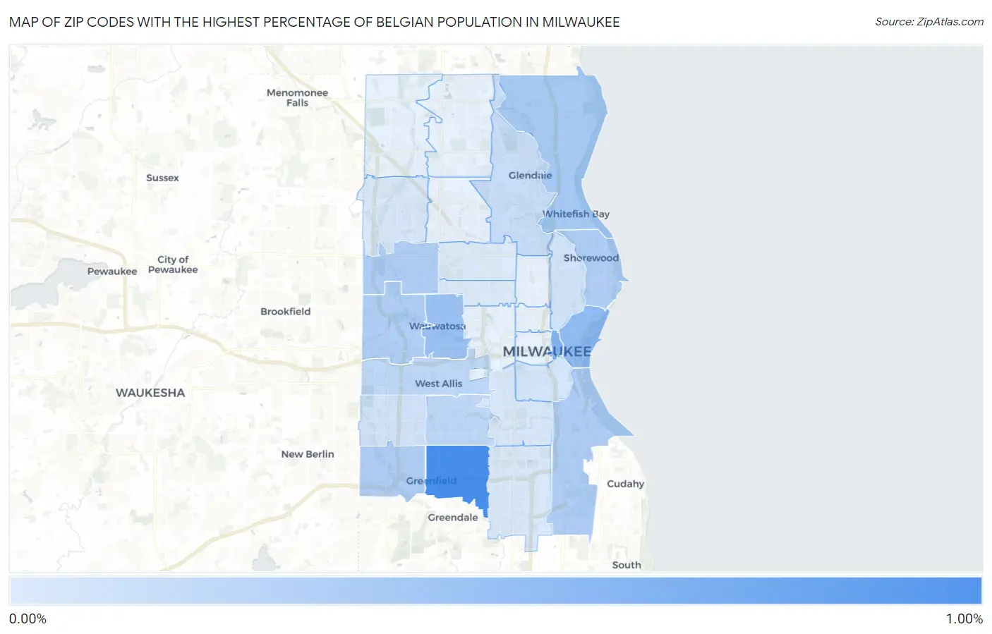 Zip Codes with the Highest Percentage of Belgian Population in Milwaukee Map