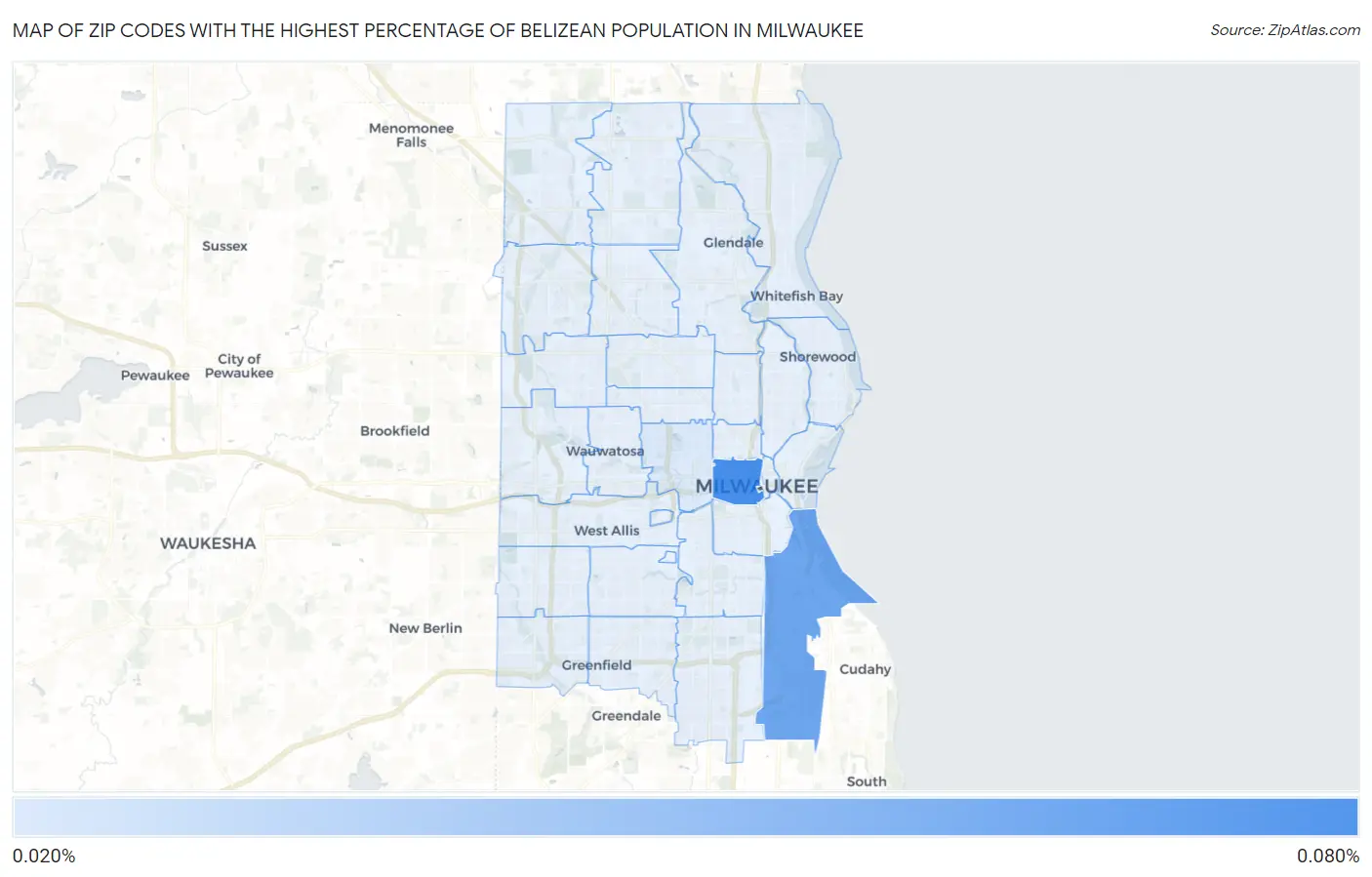Zip Codes with the Highest Percentage of Belizean Population in Milwaukee Map