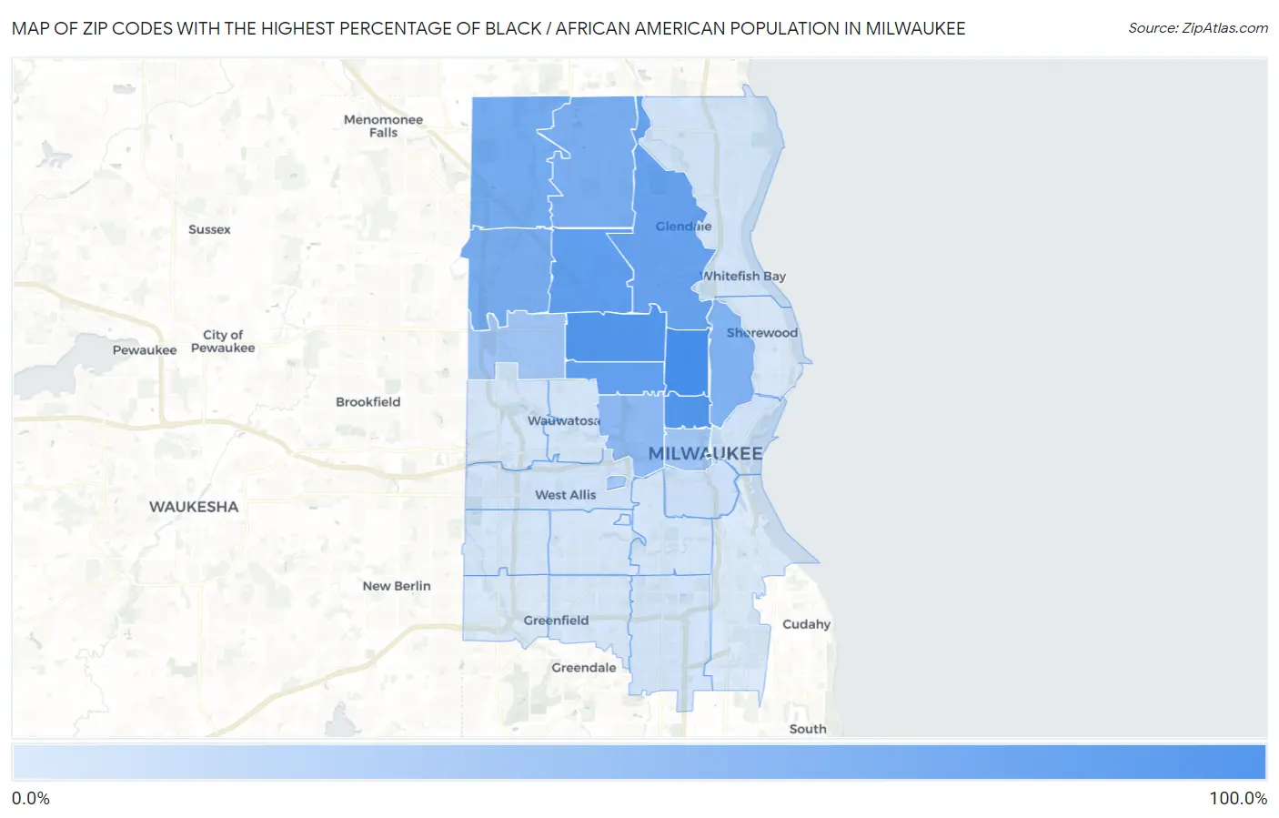 Zip Codes with the Highest Percentage of Black / African American Population in Milwaukee Map