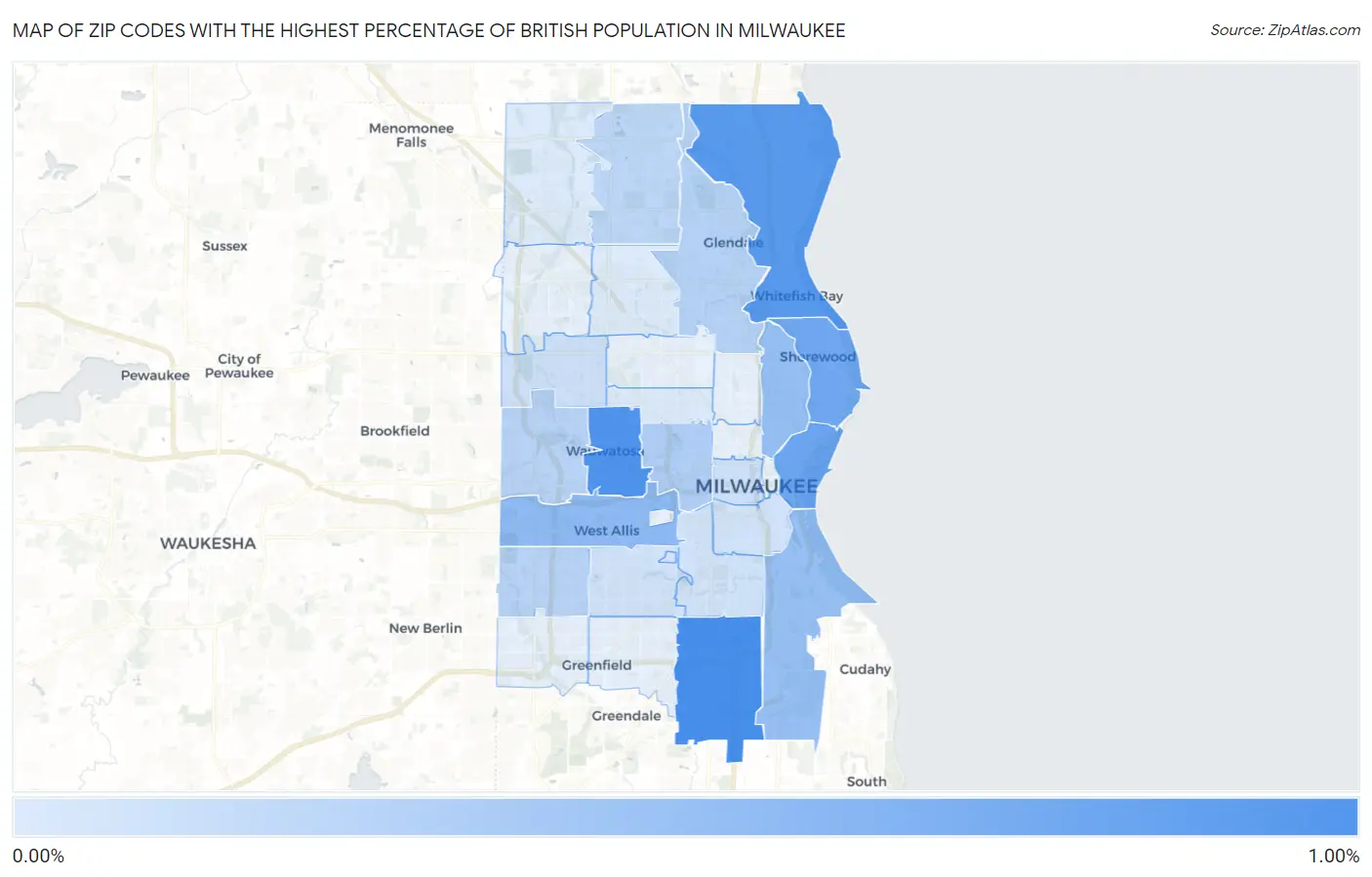 Zip Codes with the Highest Percentage of British Population in Milwaukee Map