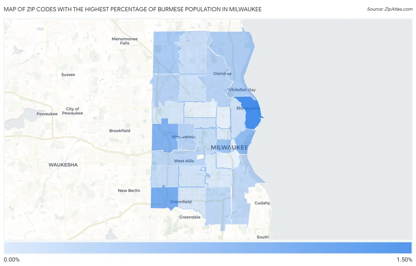 Zip Codes with the Highest Percentage of Burmese Population in Milwaukee Map