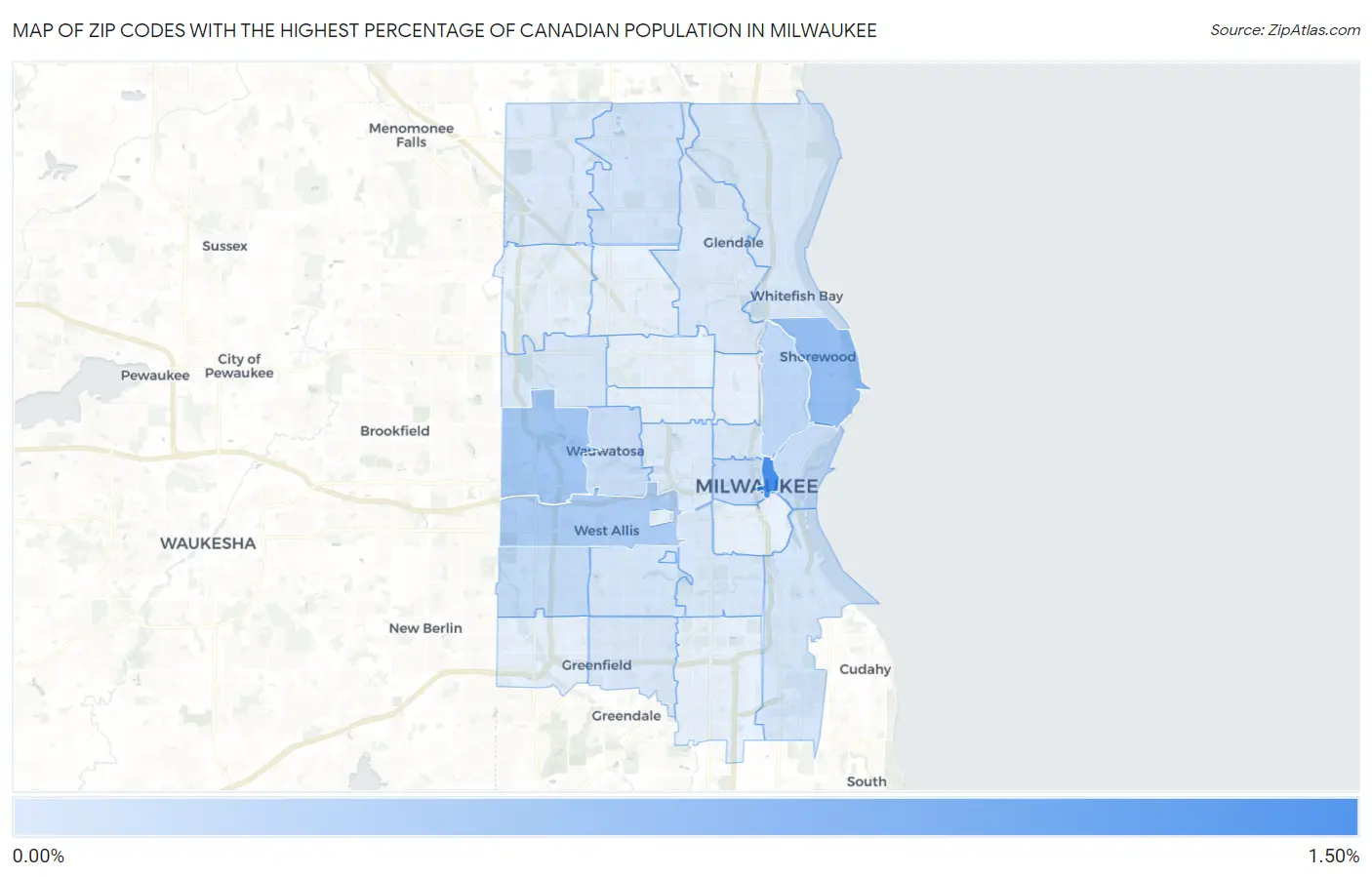 Zip Codes with the Highest Percentage of Canadian Population in Milwaukee Map
