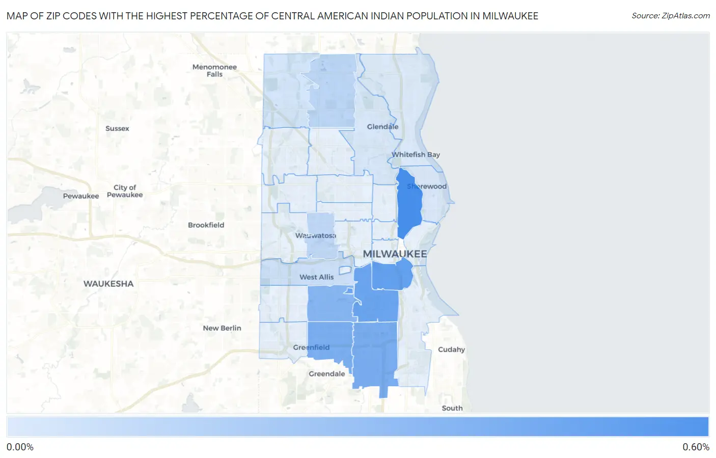 Zip Codes with the Highest Percentage of Central American Indian Population in Milwaukee Map