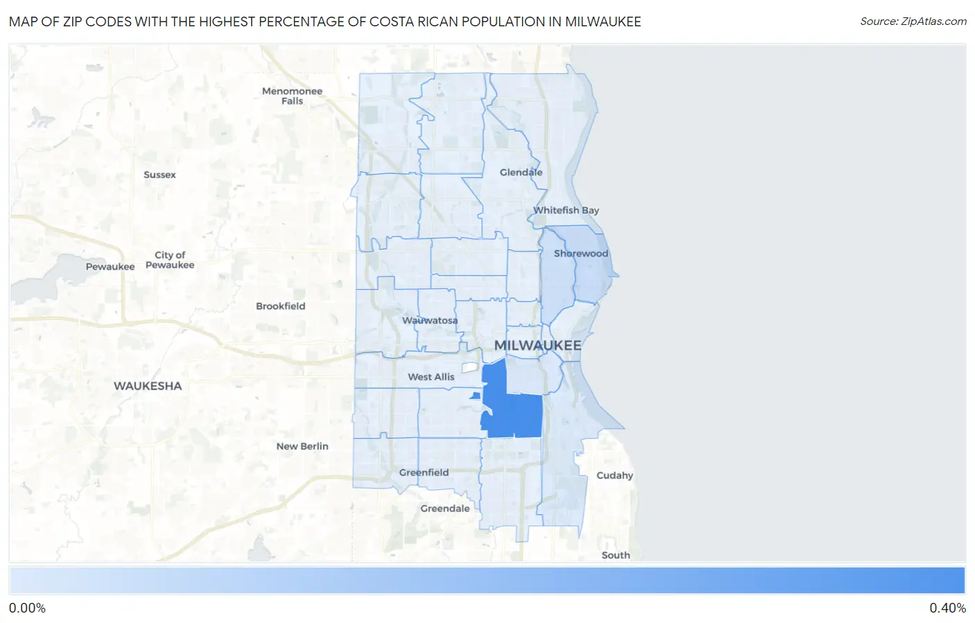 Zip Codes with the Highest Percentage of Costa Rican Population in Milwaukee Map