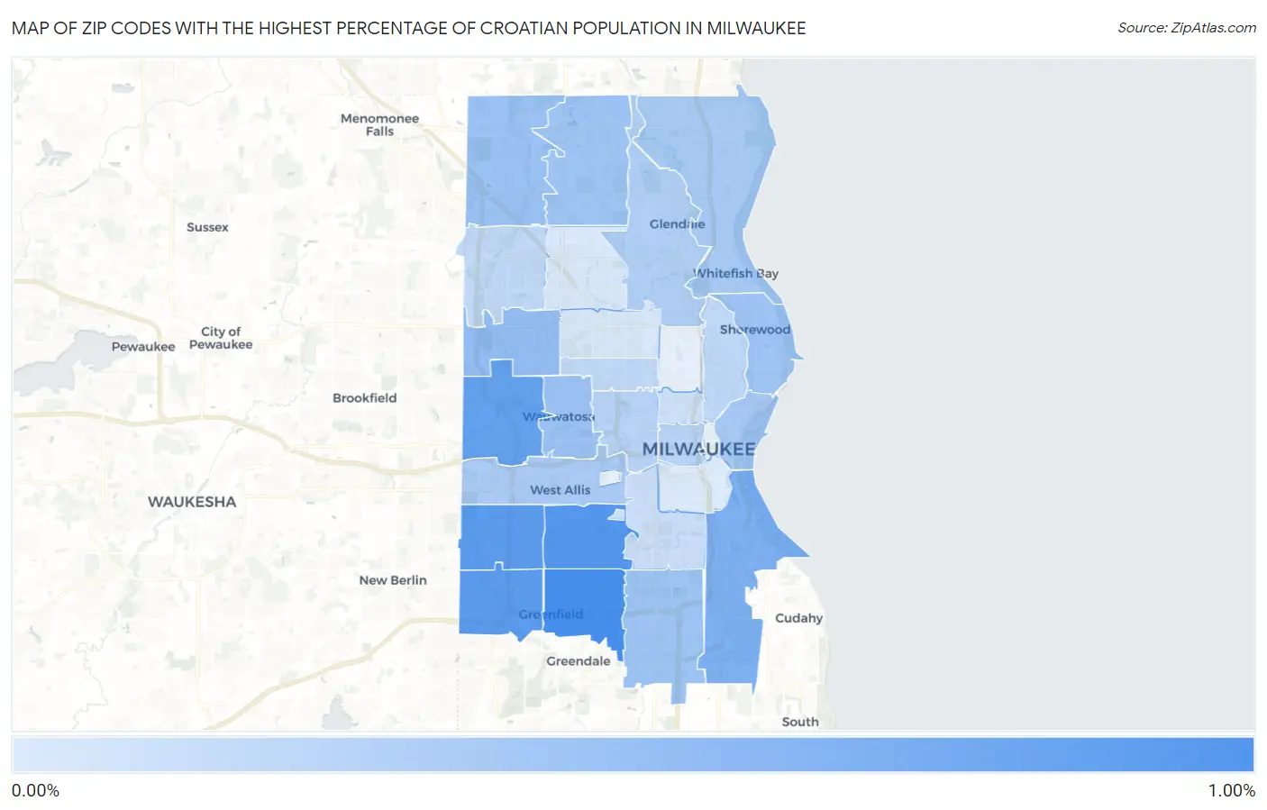 Zip Codes with the Highest Percentage of Croatian Population in Milwaukee Map