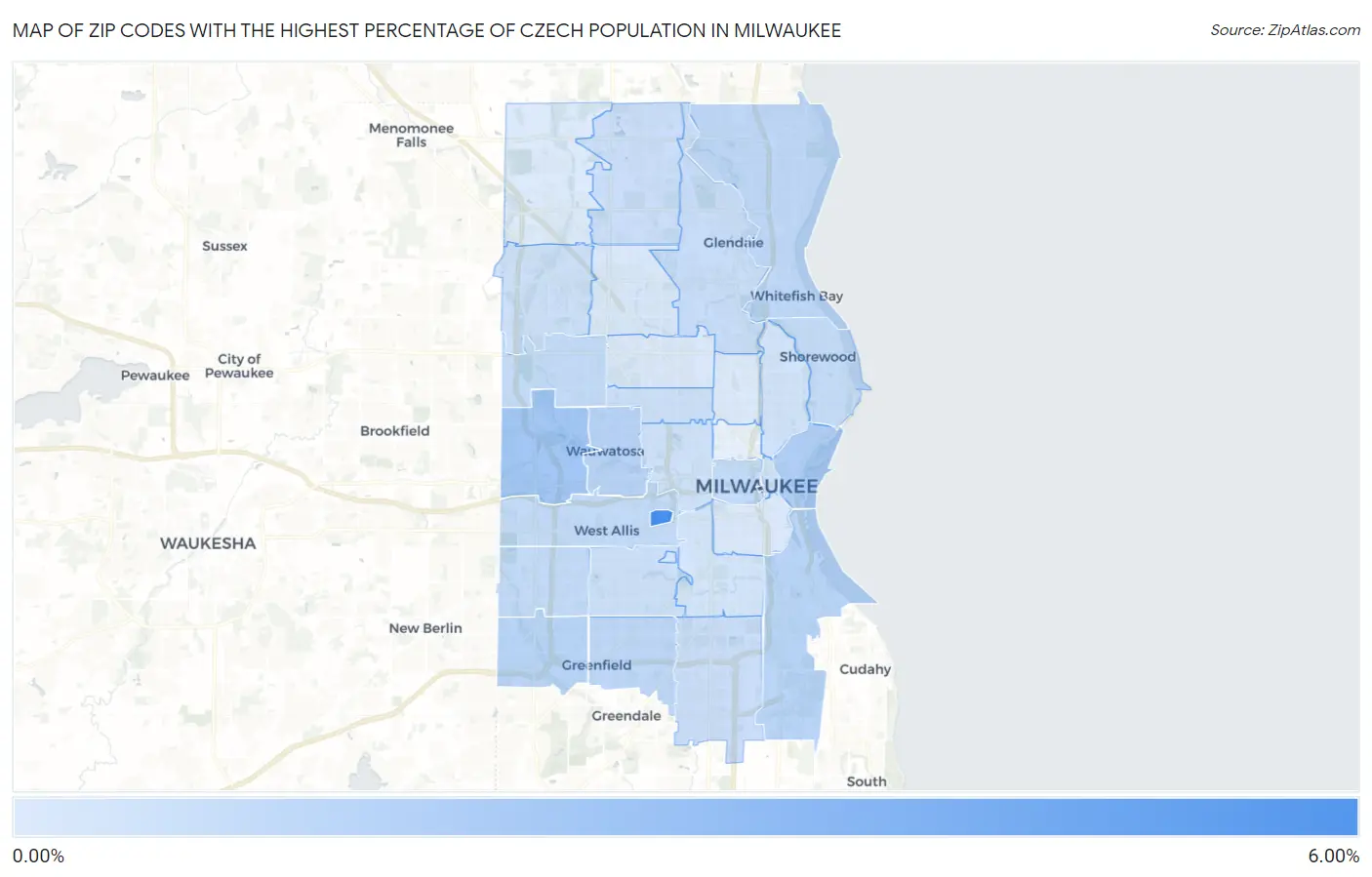 Zip Codes with the Highest Percentage of Czech Population in Milwaukee Map