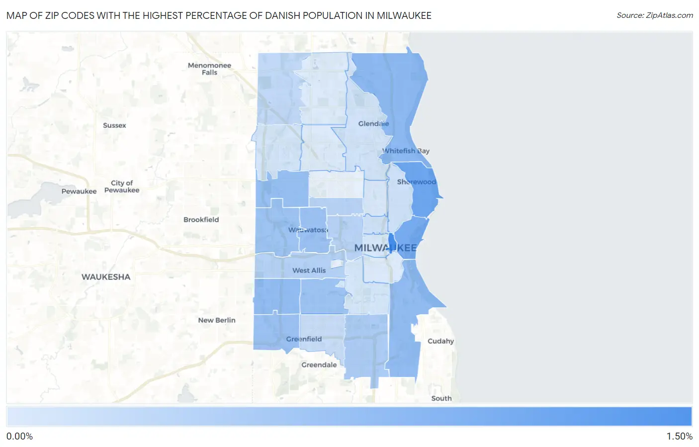 Zip Codes with the Highest Percentage of Danish Population in Milwaukee Map