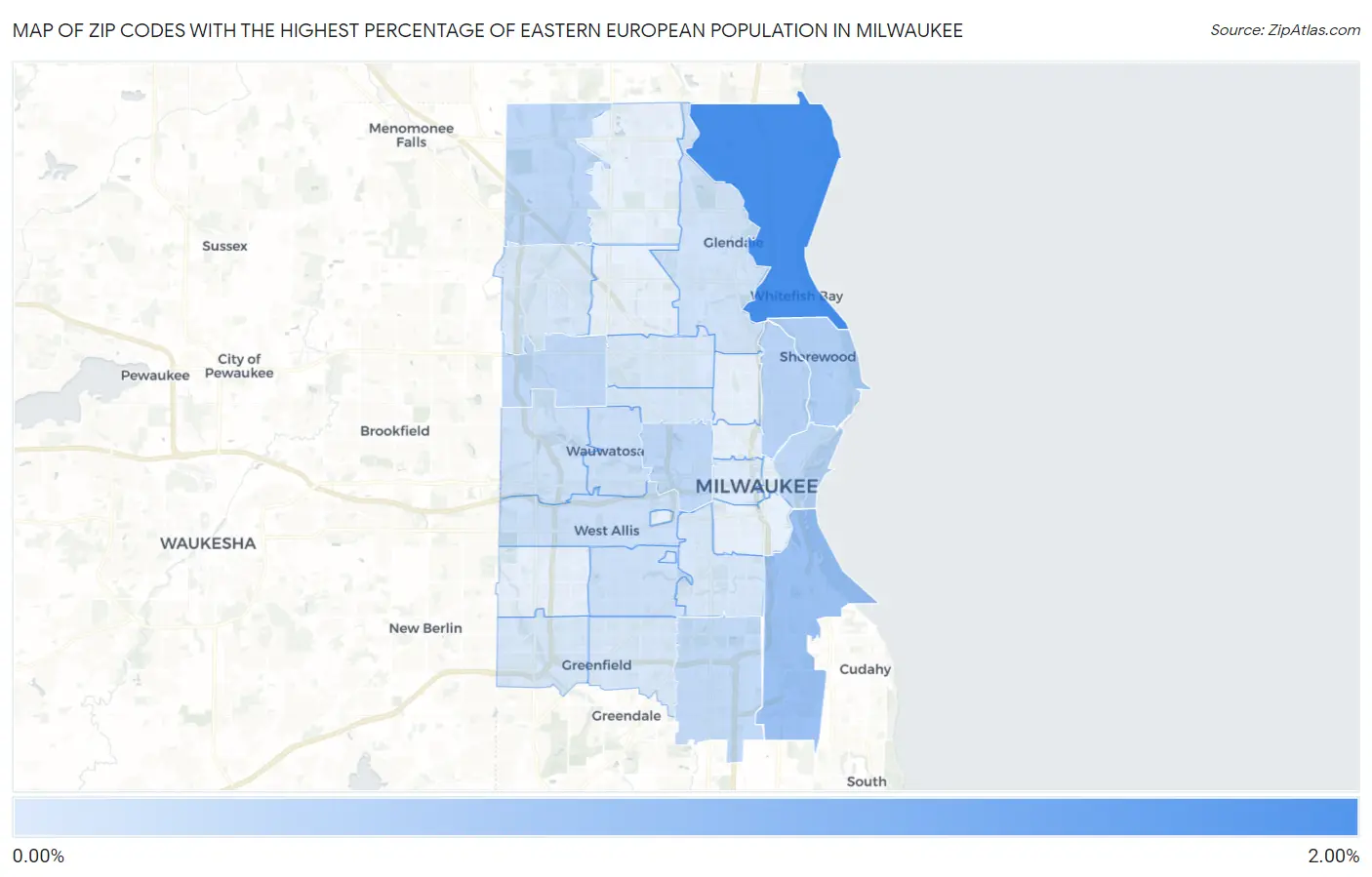 Zip Codes with the Highest Percentage of Eastern European Population in Milwaukee Map