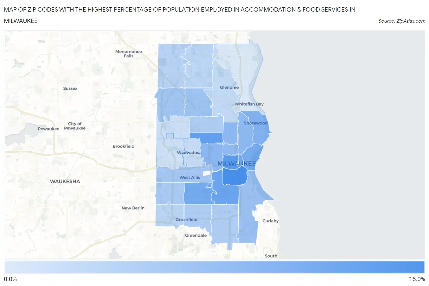Zip Codes with the Highest Percentage of Population Employed in Accommodation & Food Services in Milwaukee Map
