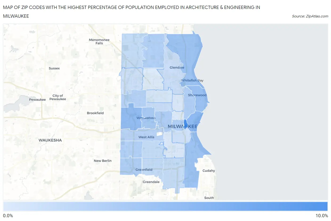Zip Codes with the Highest Percentage of Population Employed in Architecture & Engineering in Milwaukee Map