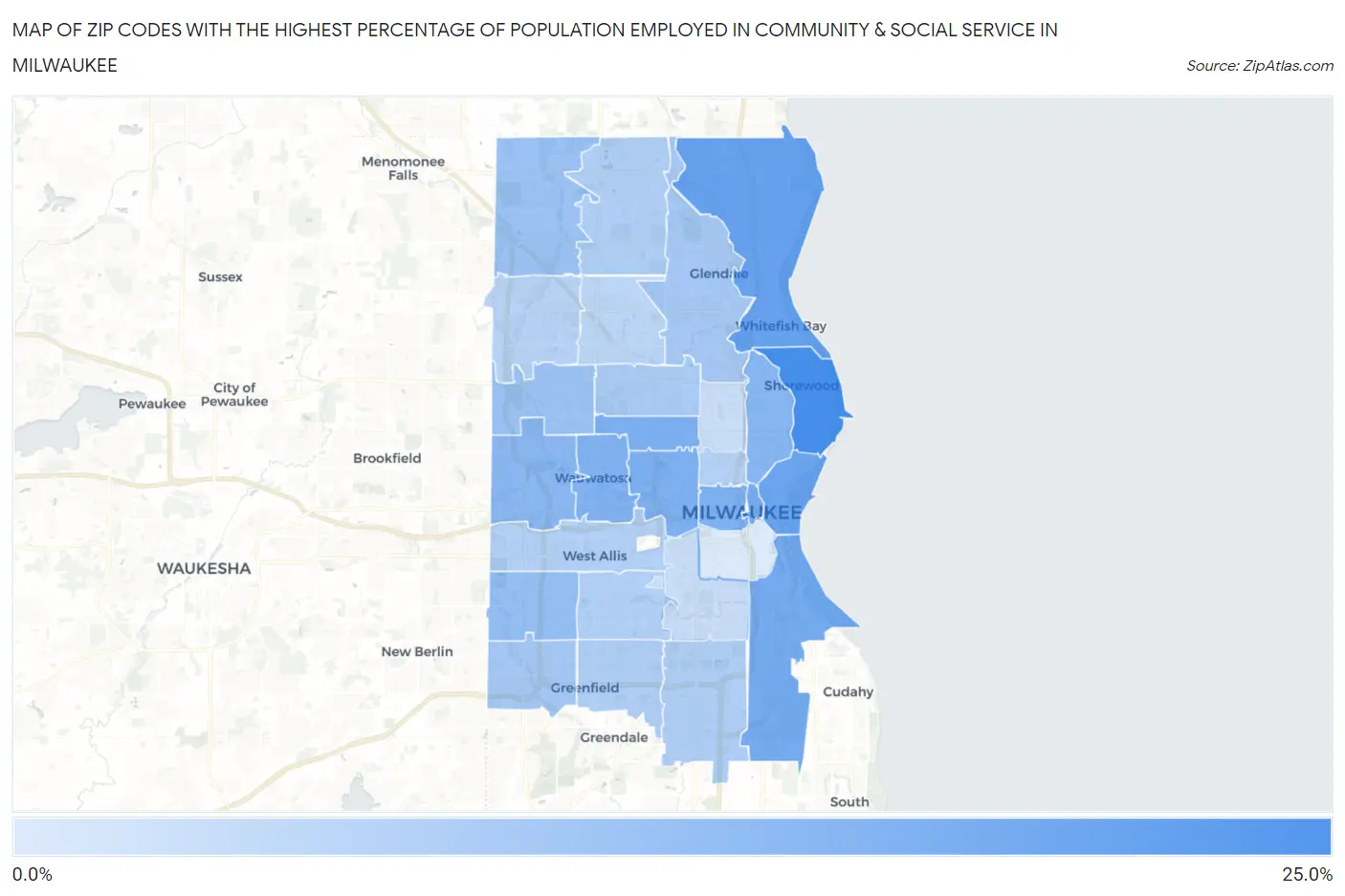 Zip Codes with the Highest Percentage of Population Employed in Community & Social Service  in Milwaukee Map