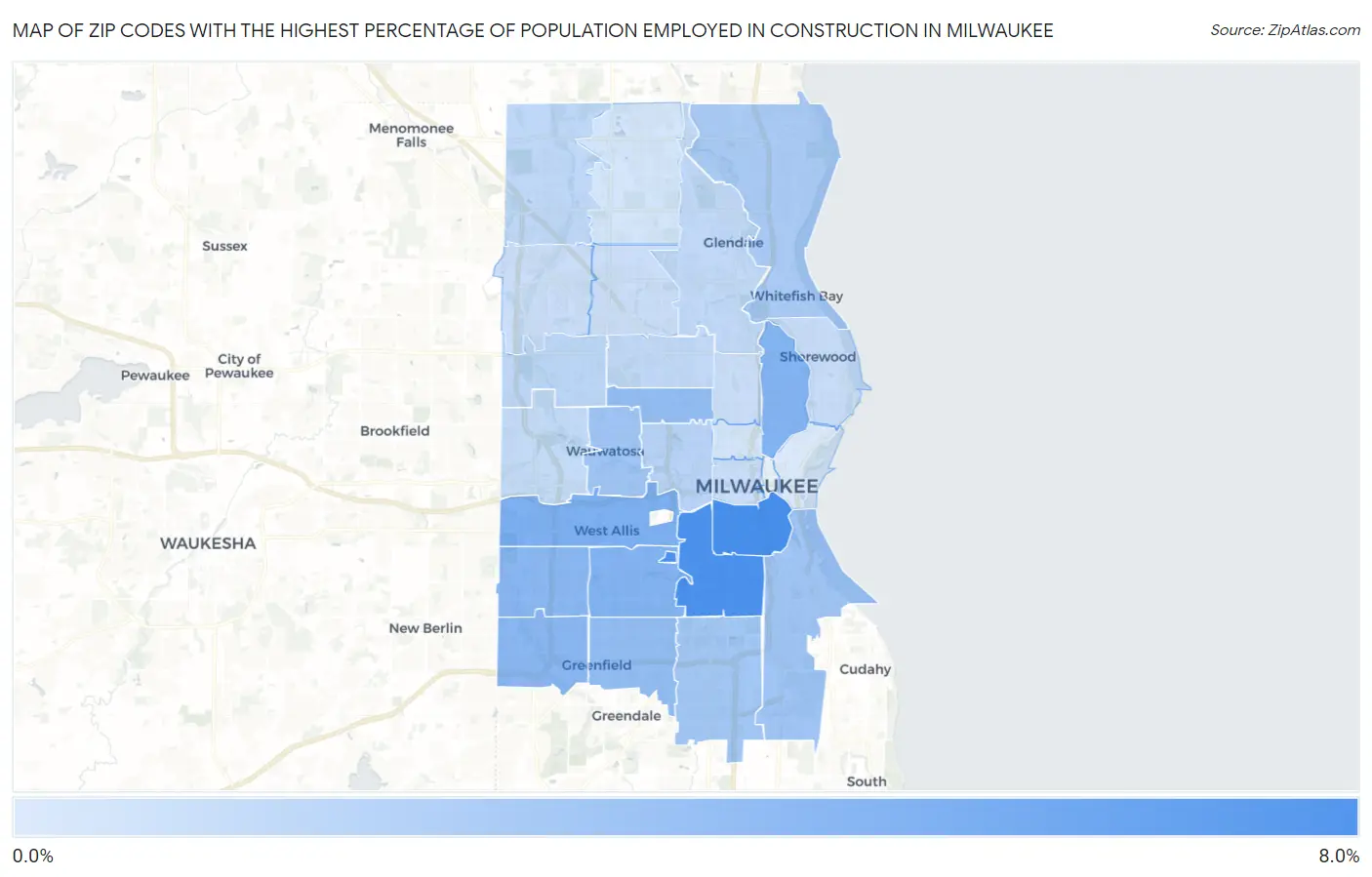 Zip Codes with the Highest Percentage of Population Employed in Construction in Milwaukee Map