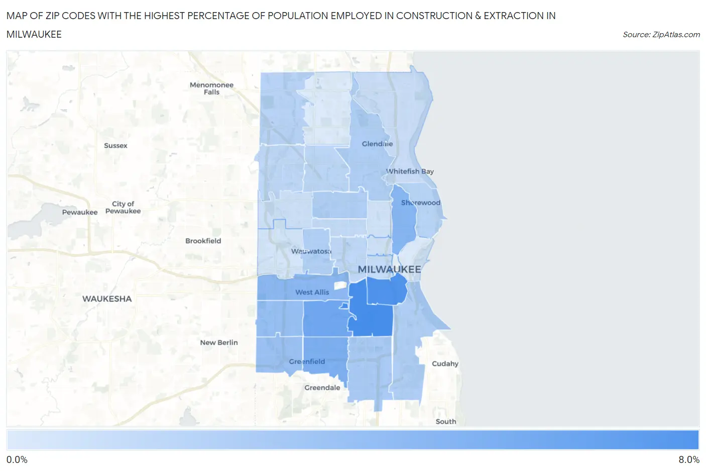 Zip Codes with the Highest Percentage of Population Employed in Construction & Extraction in Milwaukee Map