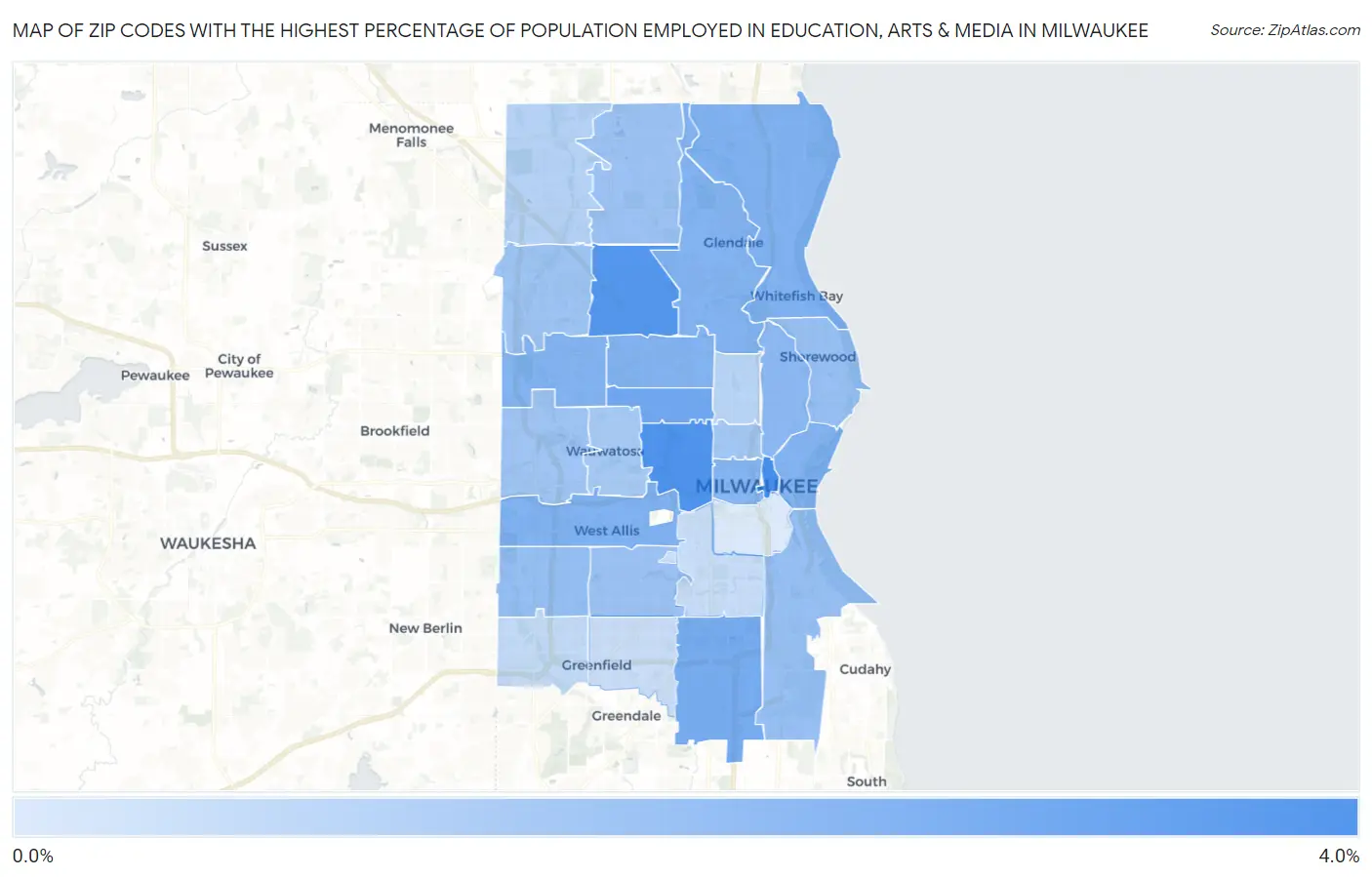 Zip Codes with the Highest Percentage of Population Employed in Education, Arts & Media in Milwaukee Map