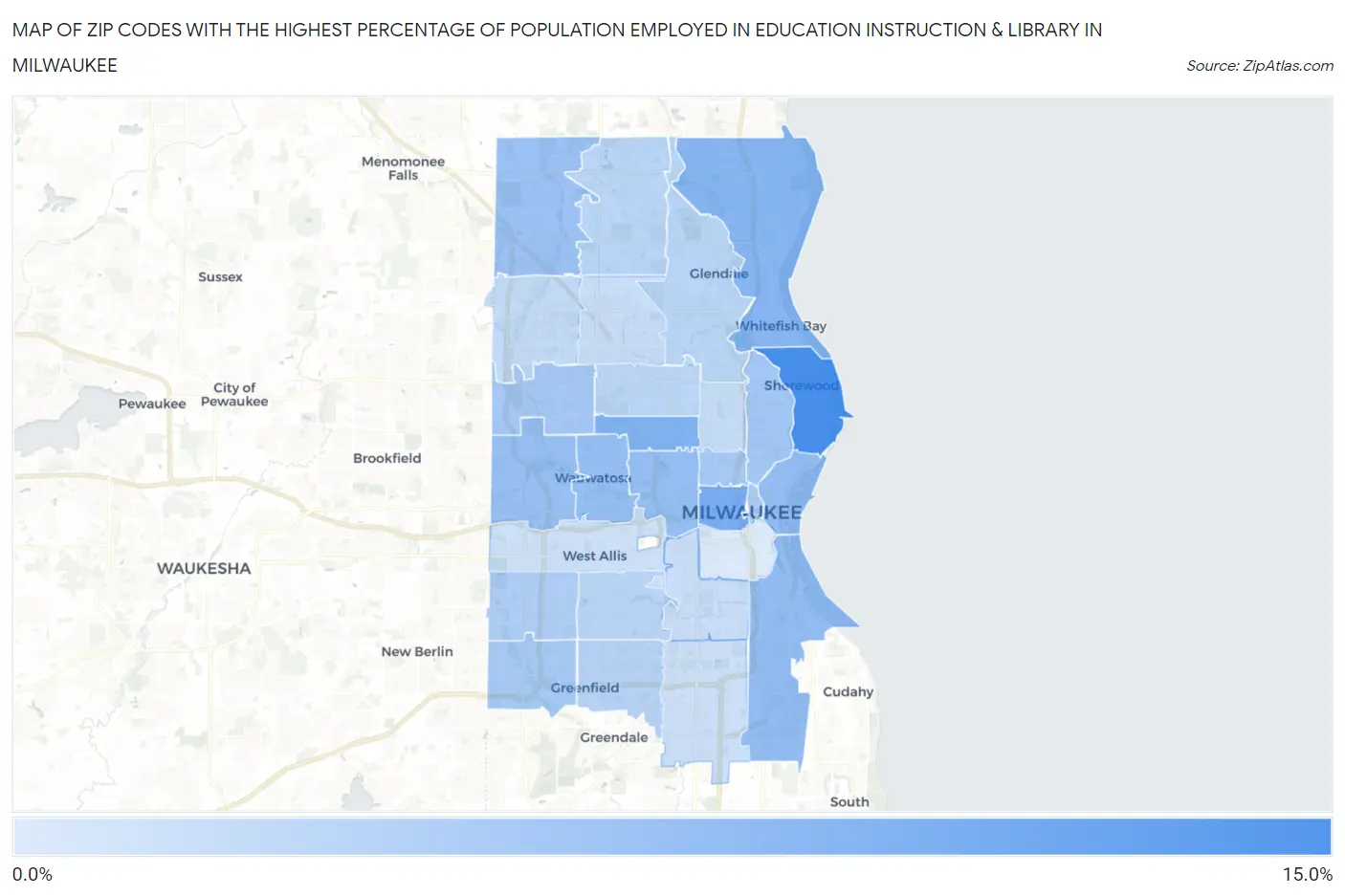 Zip Codes with the Highest Percentage of Population Employed in Education Instruction & Library in Milwaukee Map