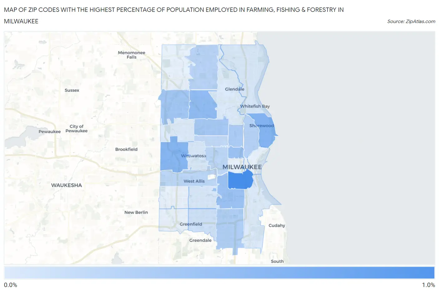 Zip Codes with the Highest Percentage of Population Employed in Farming, Fishing & Forestry in Milwaukee Map