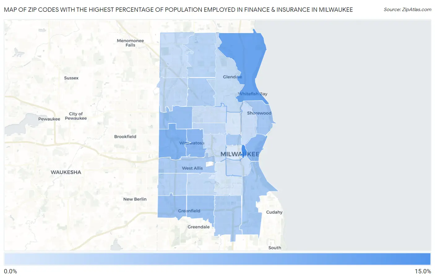 Zip Codes with the Highest Percentage of Population Employed in Finance & Insurance in Milwaukee Map