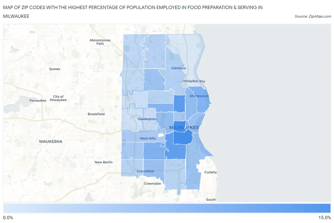 Zip Codes with the Highest Percentage of Population Employed in Food Preparation & Serving in Milwaukee Map