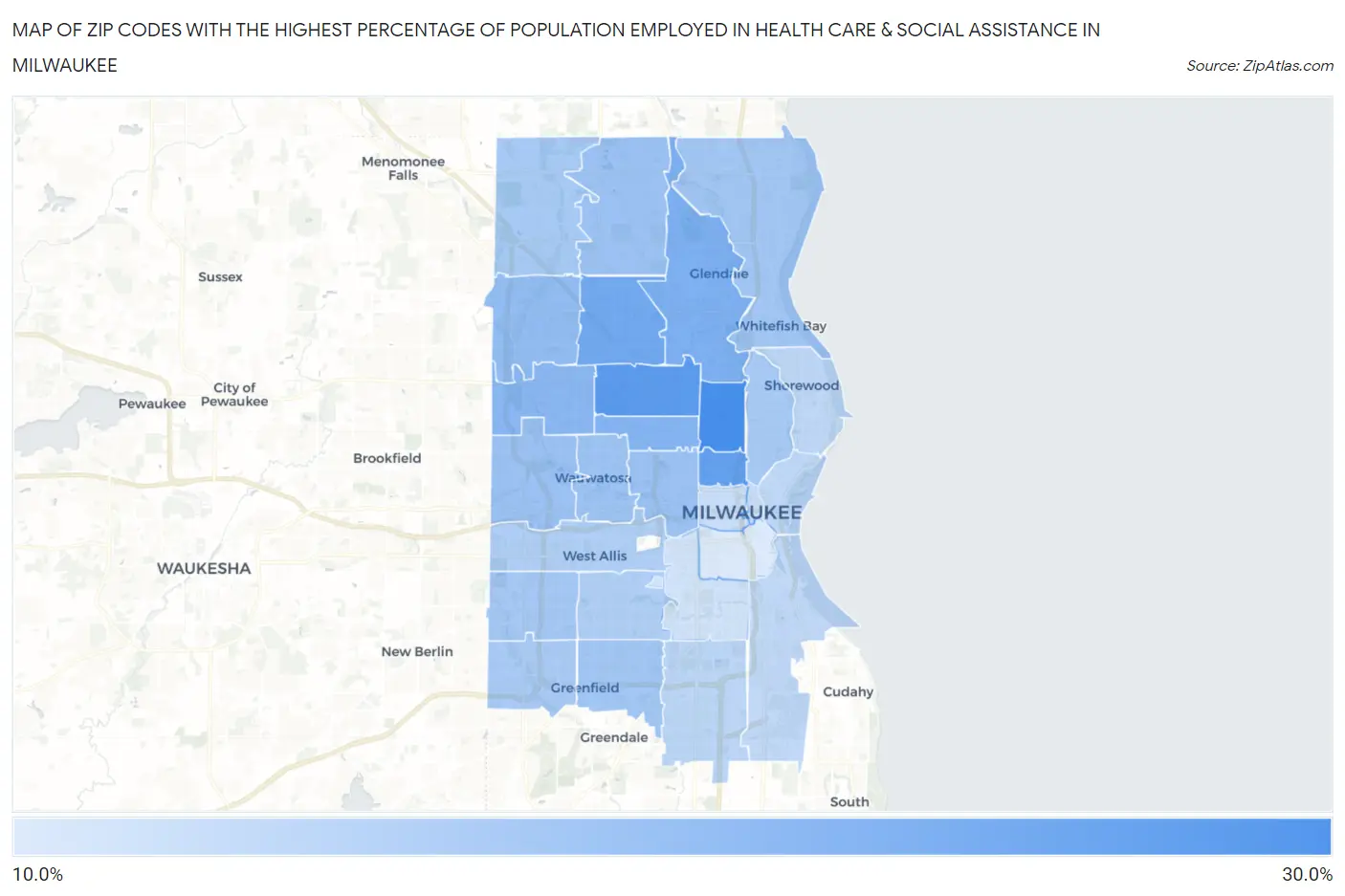 Zip Codes with the Highest Percentage of Population Employed in Health Care & Social Assistance in Milwaukee Map