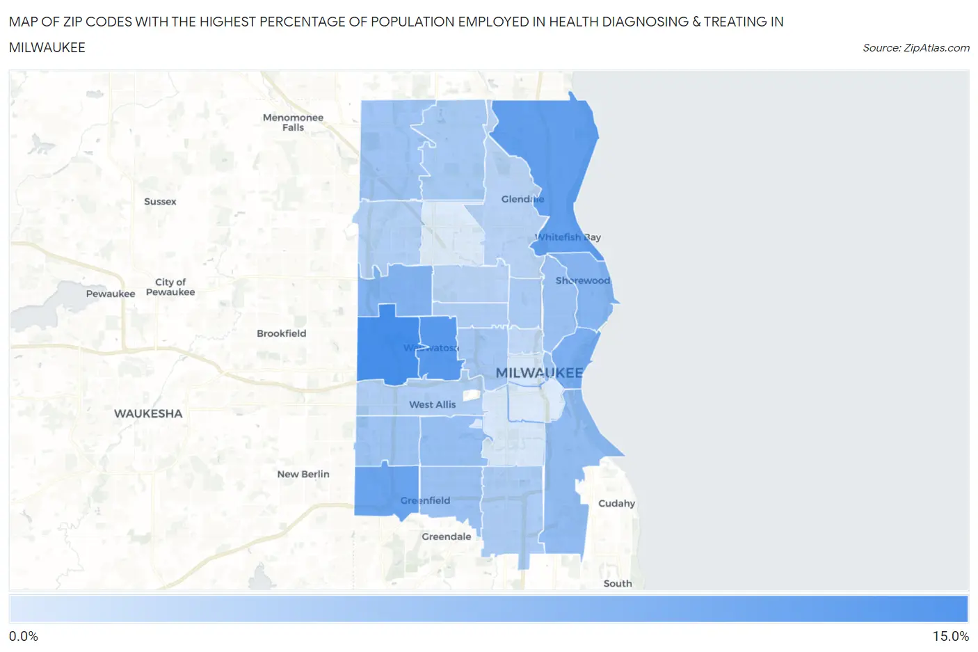 Zip Codes with the Highest Percentage of Population Employed in Health Diagnosing & Treating in Milwaukee Map