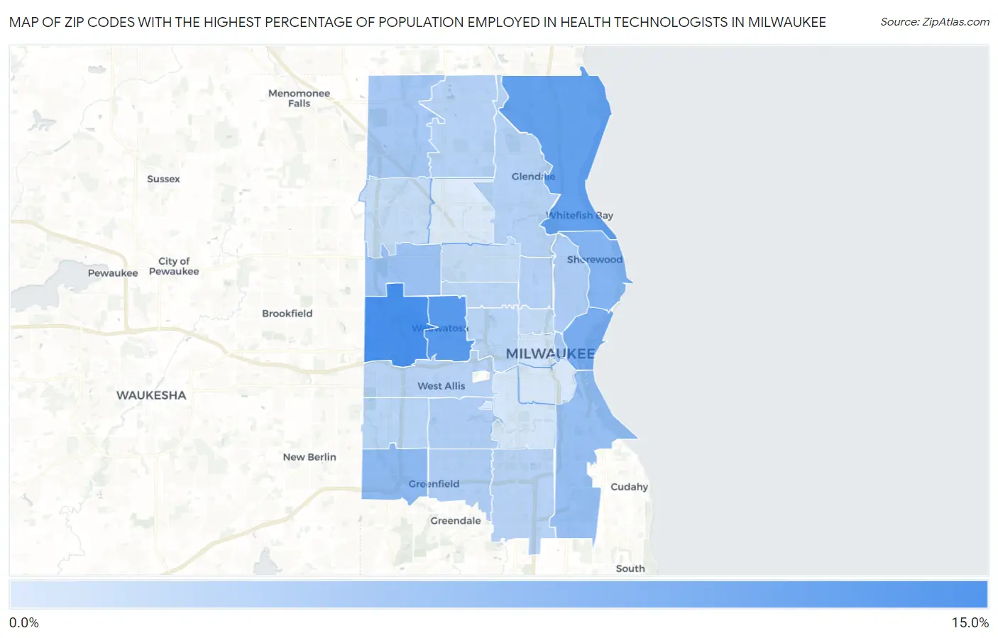 Zip Codes with the Highest Percentage of Population Employed in Health Technologists in Milwaukee Map