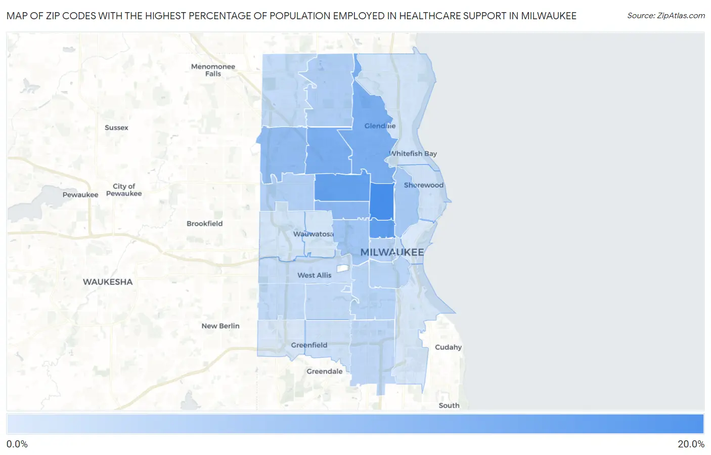 Zip Codes with the Highest Percentage of Population Employed in Healthcare Support in Milwaukee Map