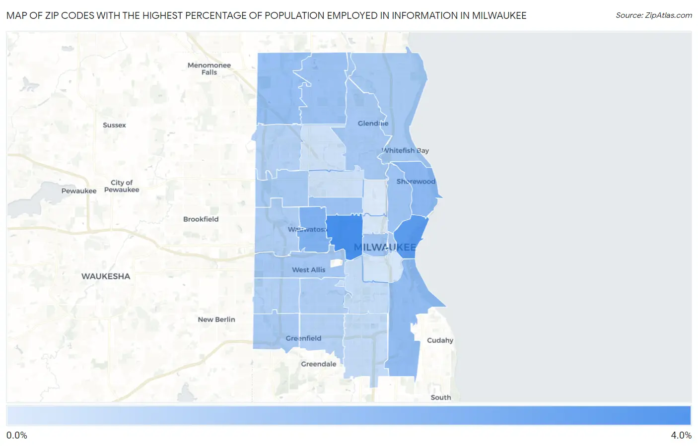 Zip Codes with the Highest Percentage of Population Employed in Information in Milwaukee Map