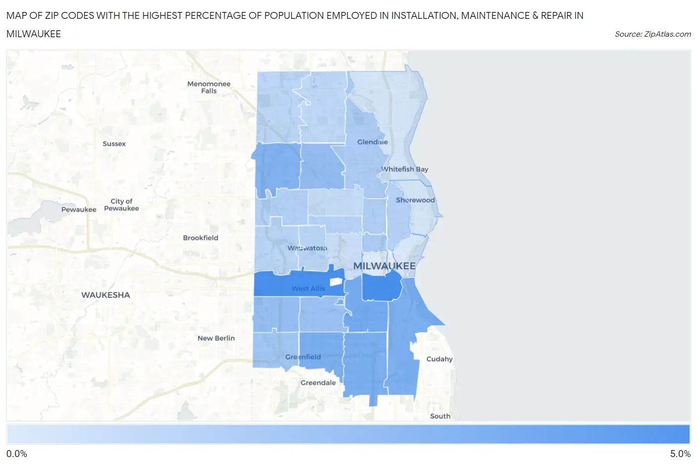 Zip Codes with the Highest Percentage of Population Employed in Installation, Maintenance & Repair in Milwaukee Map
