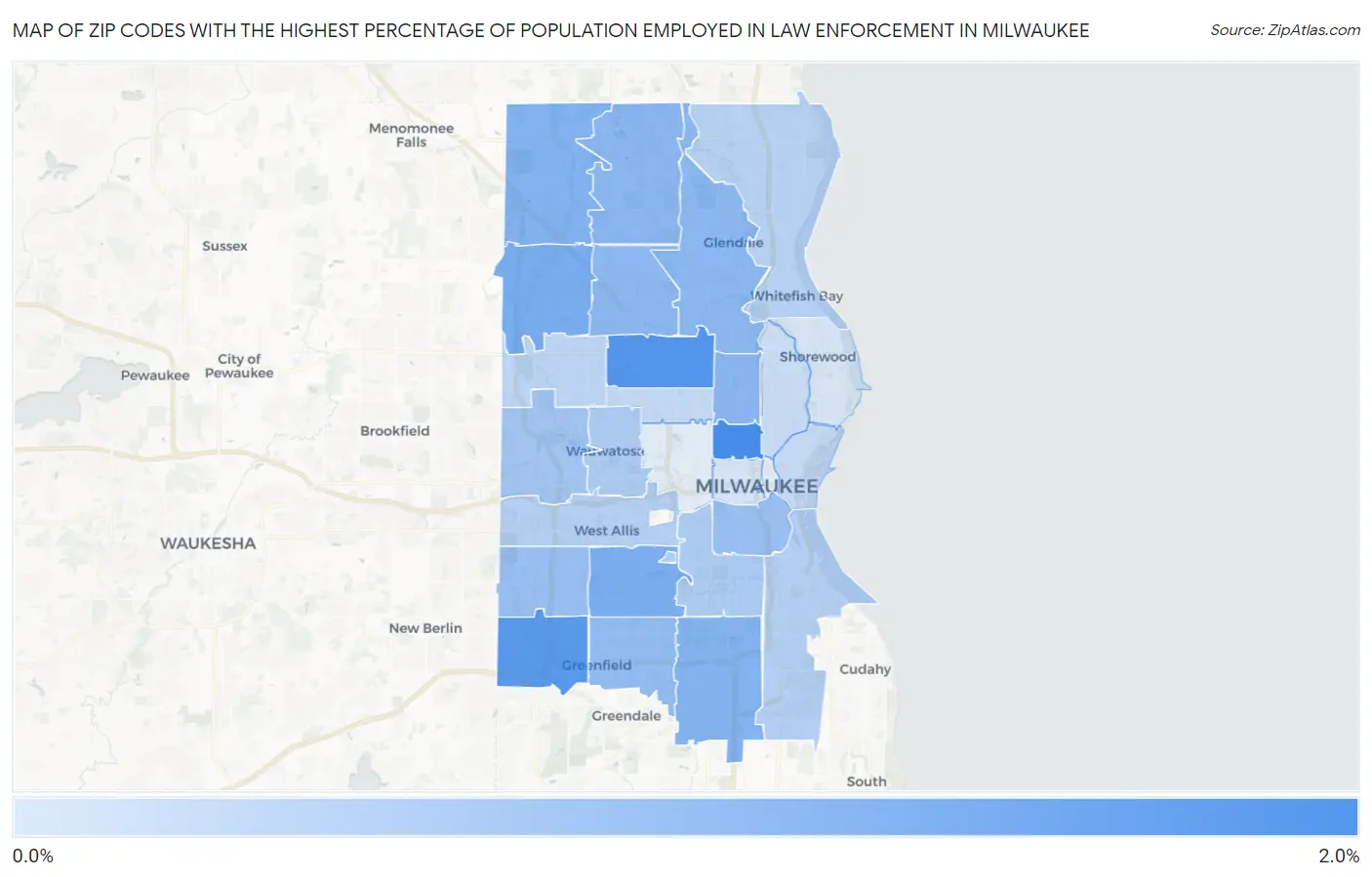 Zip Codes with the Highest Percentage of Population Employed in Law Enforcement in Milwaukee Map