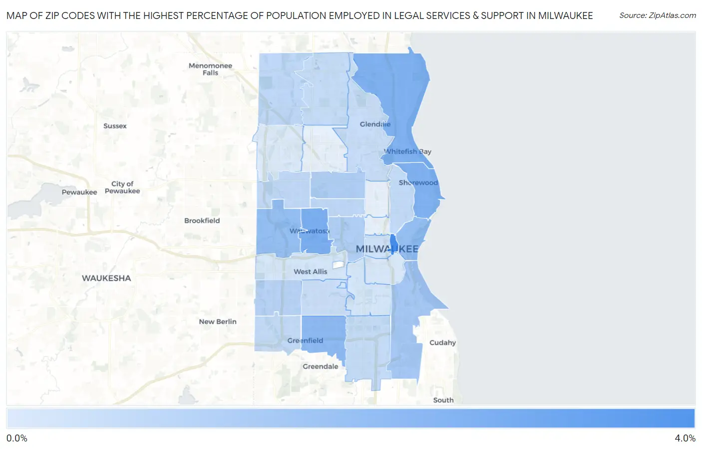Zip Codes with the Highest Percentage of Population Employed in Legal Services & Support in Milwaukee Map
