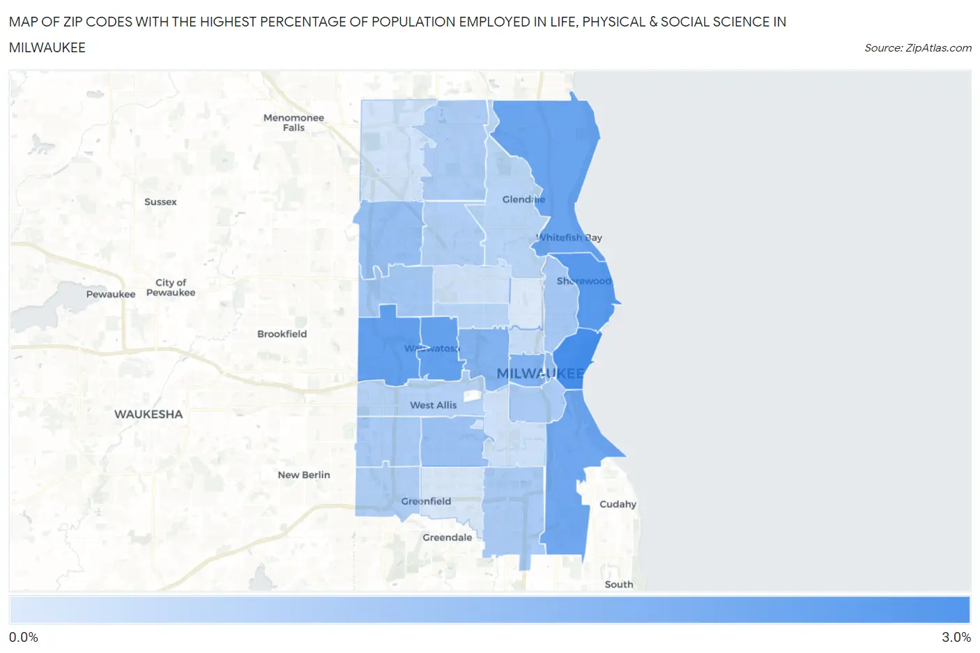 Zip Codes with the Highest Percentage of Population Employed in Life, Physical & Social Science in Milwaukee Map