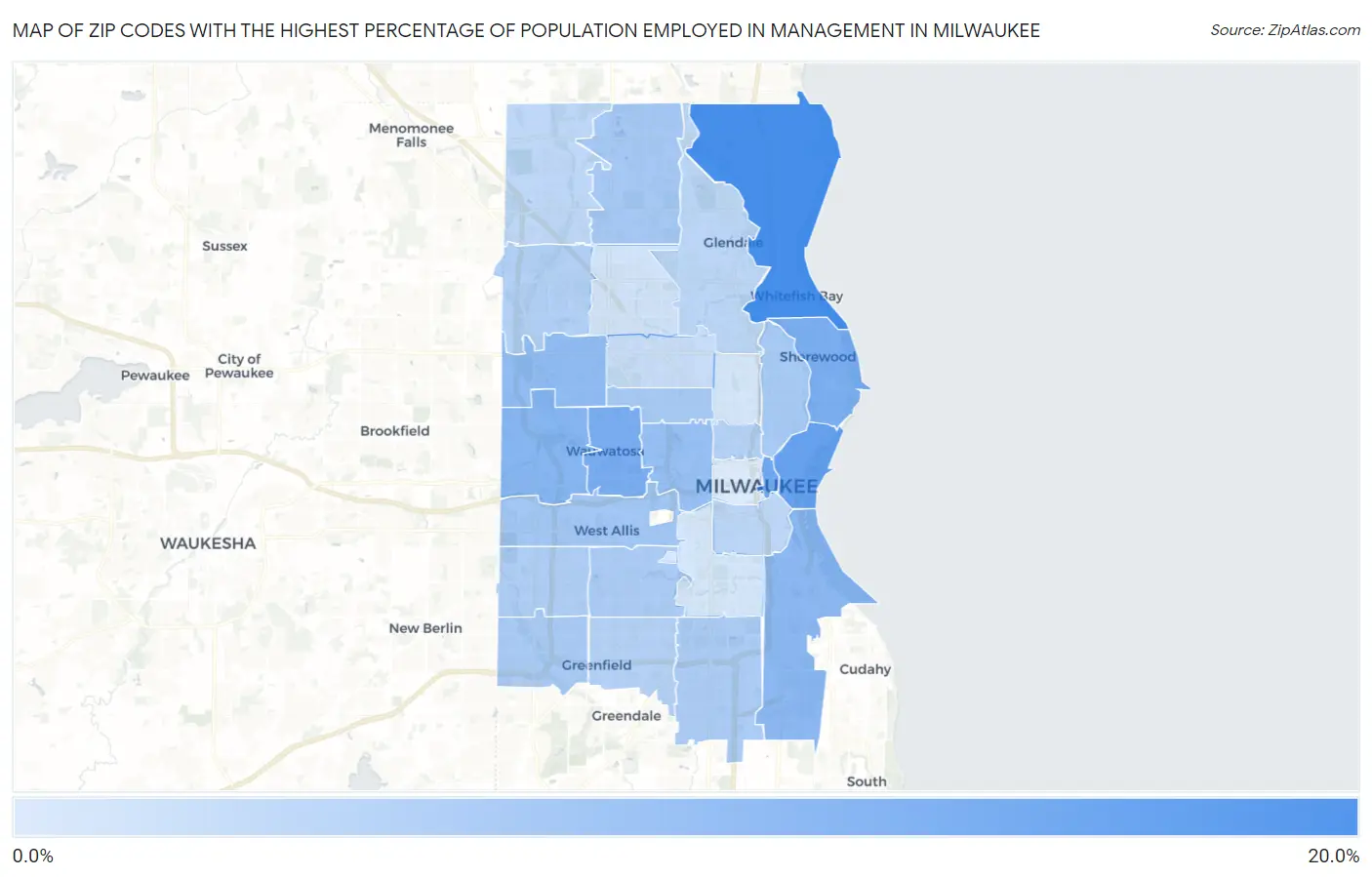 Zip Codes with the Highest Percentage of Population Employed in Management in Milwaukee Map