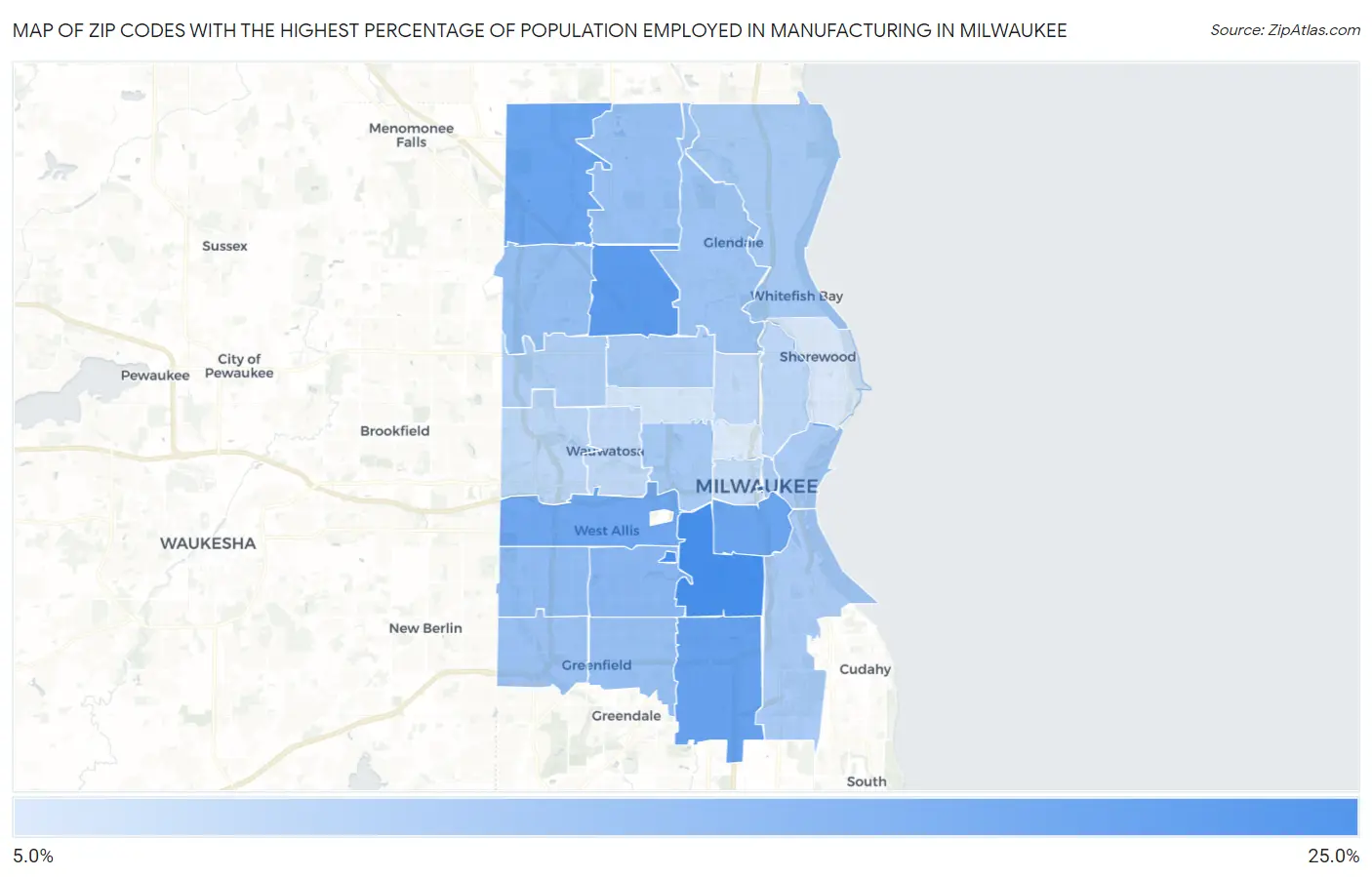 Zip Codes with the Highest Percentage of Population Employed in Manufacturing in Milwaukee Map