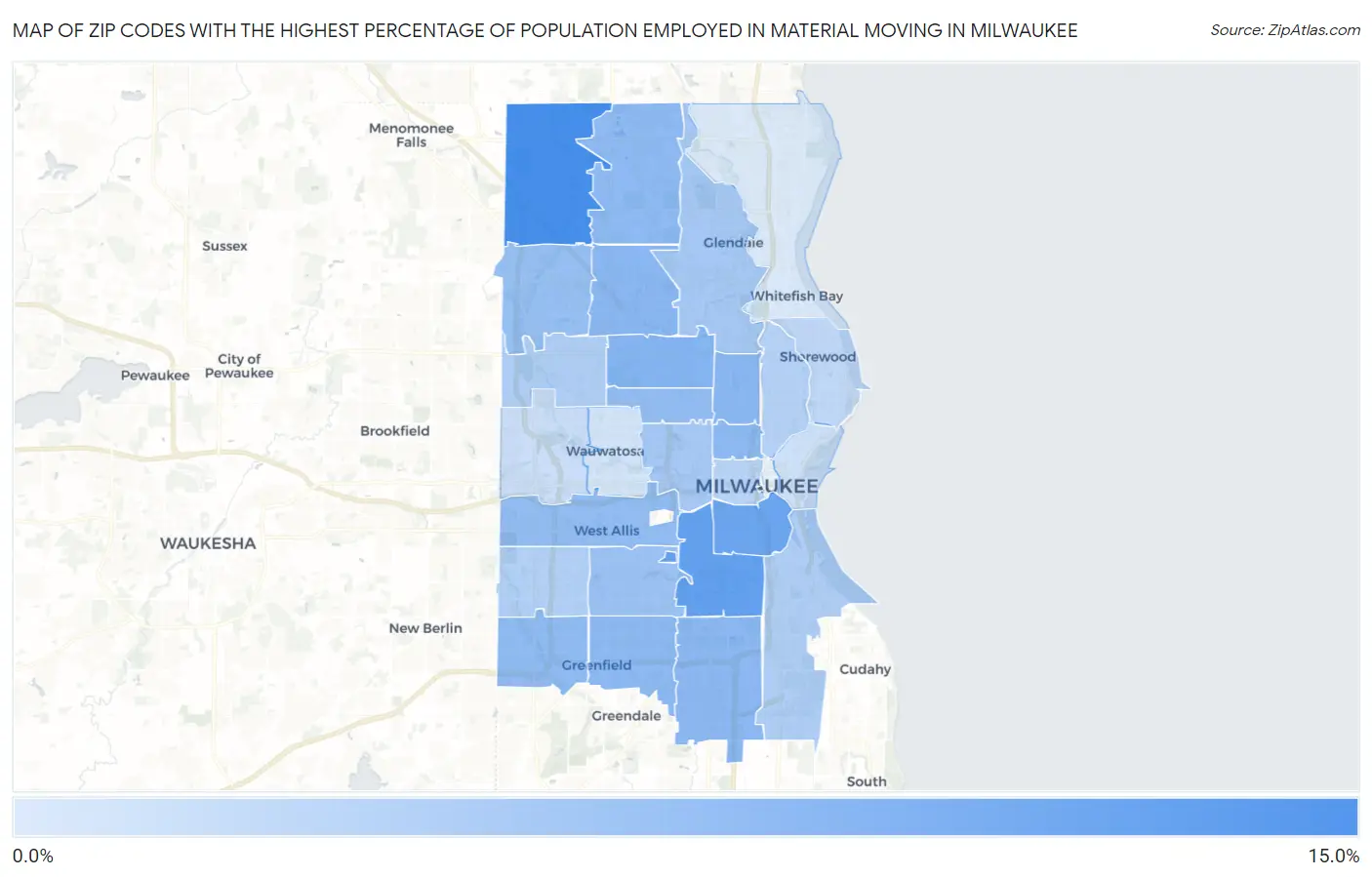 Zip Codes with the Highest Percentage of Population Employed in Material Moving in Milwaukee Map