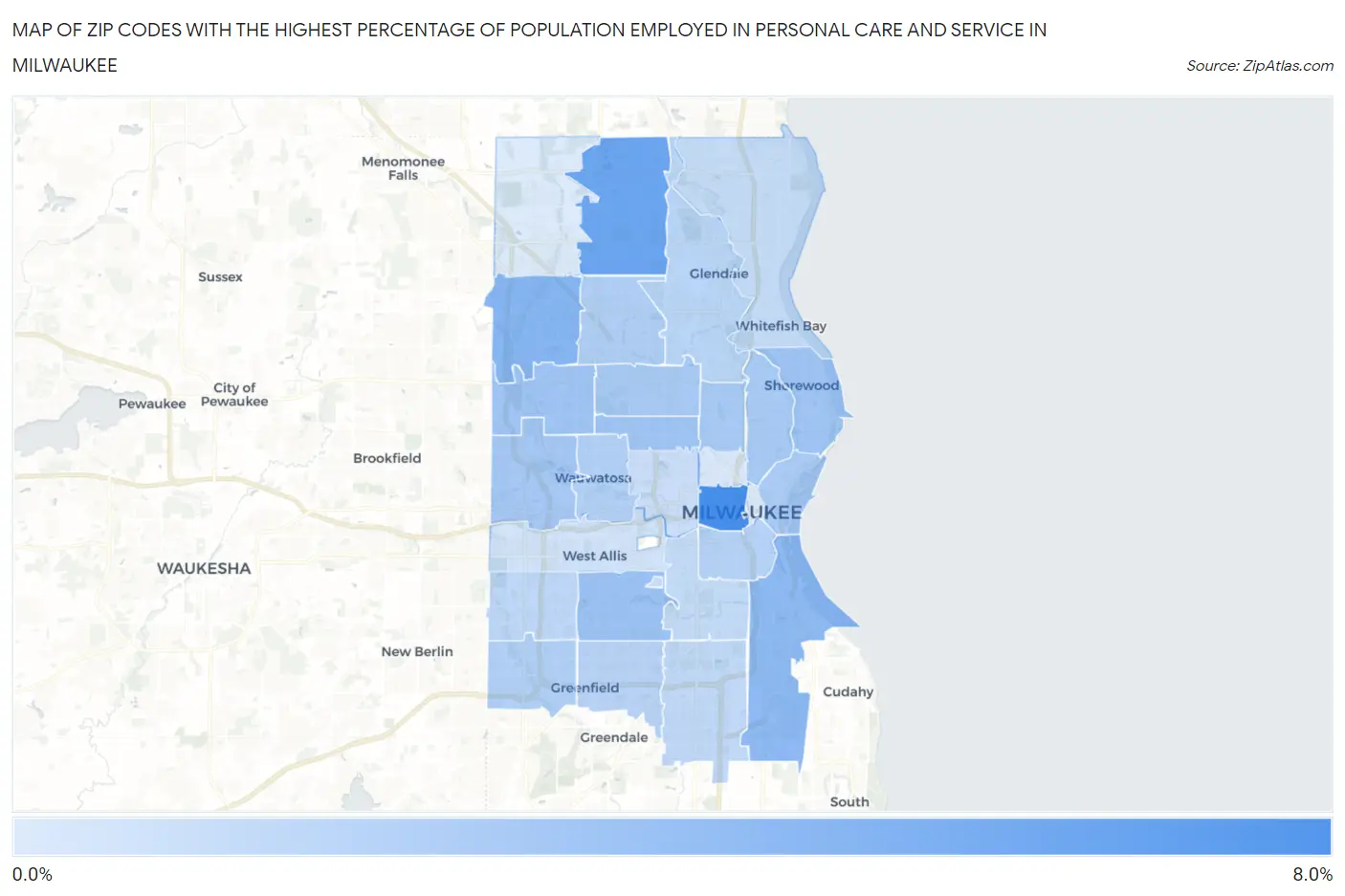 Zip Codes with the Highest Percentage of Population Employed in Personal Care and Service in Milwaukee Map