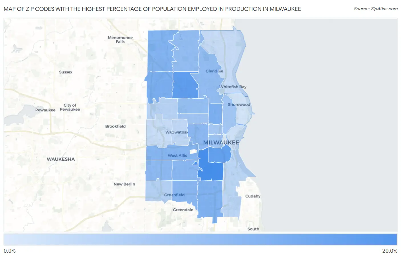 Zip Codes with the Highest Percentage of Population Employed in Production in Milwaukee Map