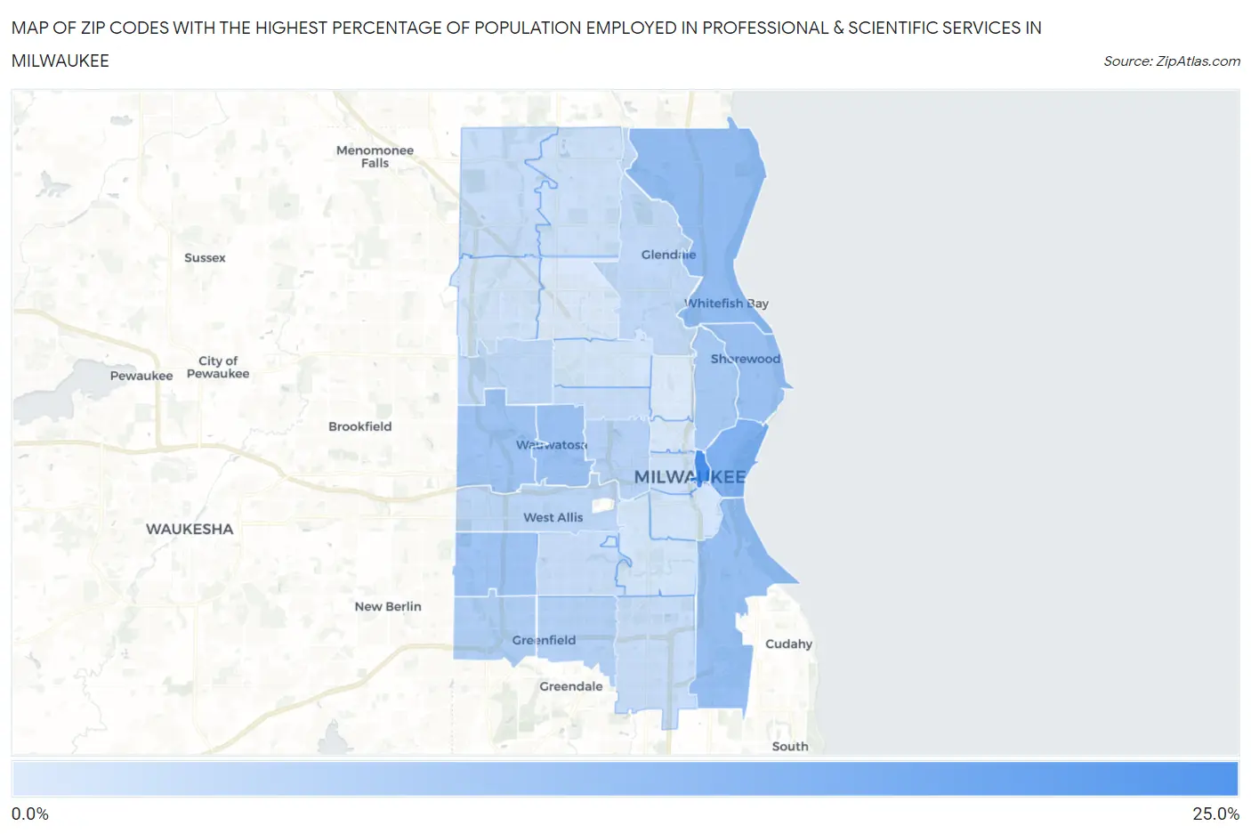 Zip Codes with the Highest Percentage of Population Employed in Professional & Scientific Services in Milwaukee Map