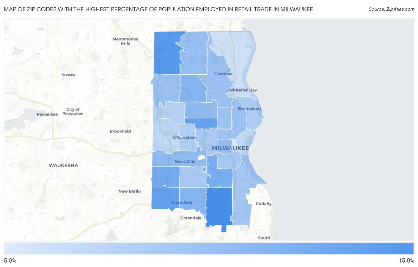 Zip Codes with the Highest Percentage of Population Employed in Retail Trade in Milwaukee Map
