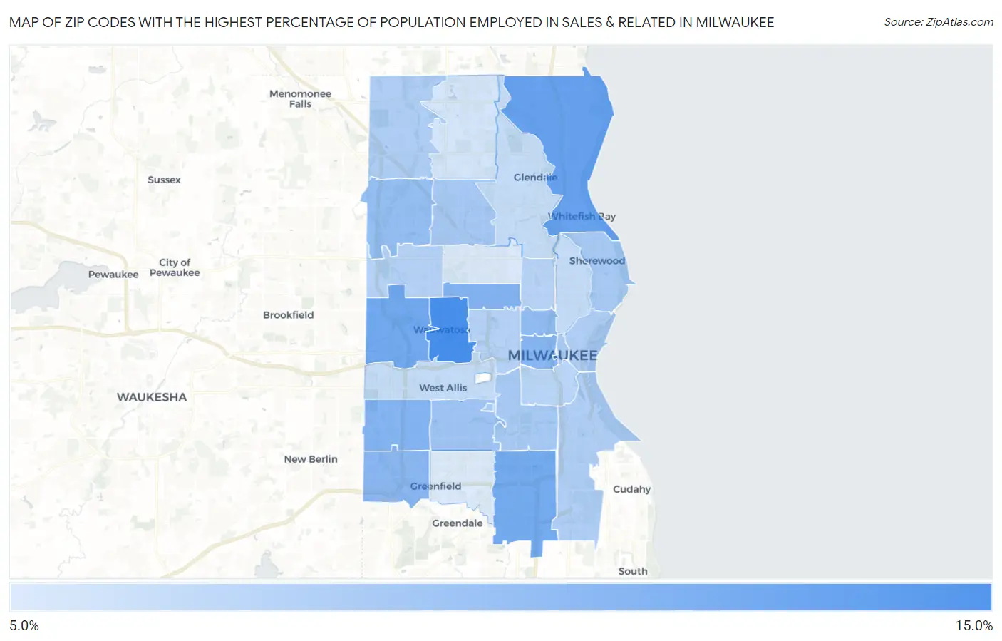 Zip Codes with the Highest Percentage of Population Employed in Sales & Related in Milwaukee Map