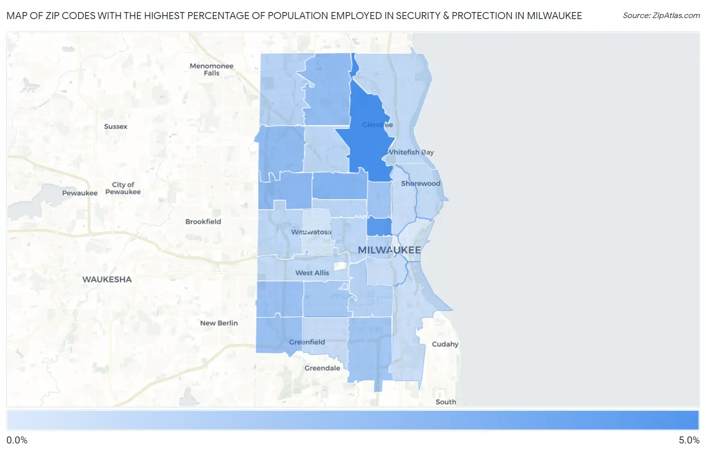 Zip Codes with the Highest Percentage of Population Employed in Security & Protection in Milwaukee Map