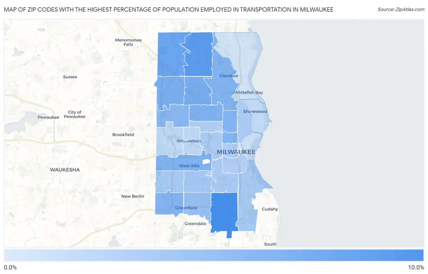 Zip Codes with the Highest Percentage of Population Employed in Transportation in Milwaukee Map